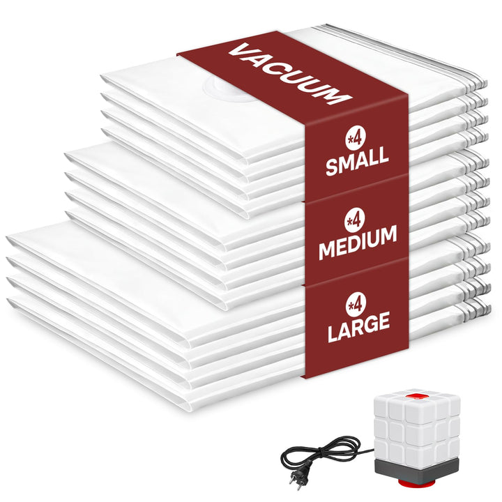 Vakuumbeutel für Kleidung mit Elektrischer Luftpumpe, 12er Pack (4klein/4mittel/4gross), Wiederverwe