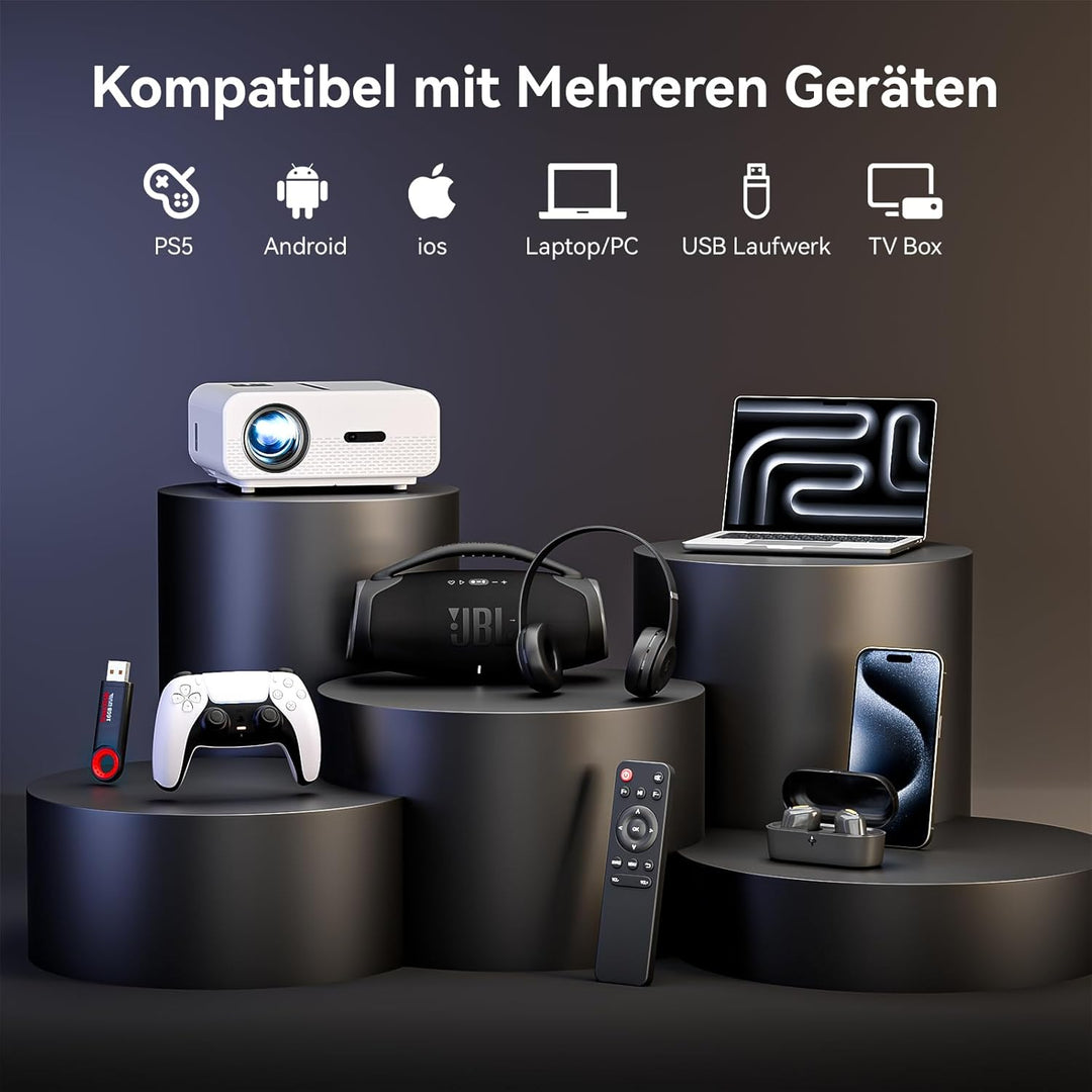 Beamer, Autofokus Beamer 6D 4P Trapezkorrektur Beamer 4K Heimkino Unterstützt, 20000 Lumen WiFi6 Vid