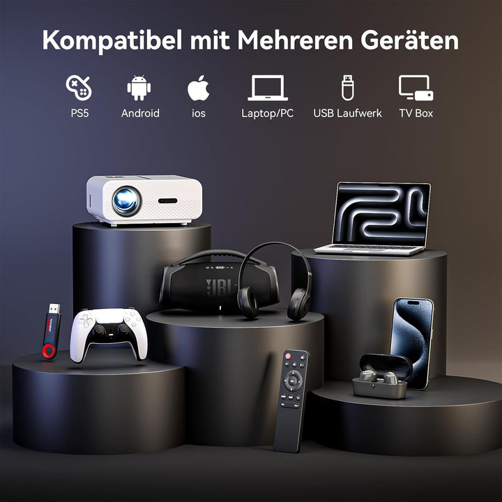 Beamer, Autofokus Beamer 6D 4P Trapezkorrektur Beamer 4K Heimkino Unterstützt, 20000 Lumen WiFi6 Vid