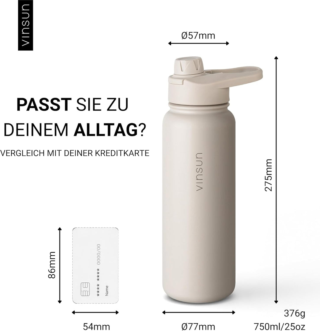 Vinsun Trinkflasche Edelstahl beige 750ml - auslaufsicher, Kohlensäure geeignet, BPA frei - Strohhal