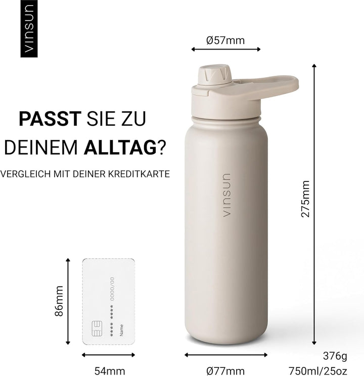 Vinsun Trinkflasche Edelstahl beige 750ml - auslaufsicher, Kohlensäure geeignet, BPA frei - Strohhal