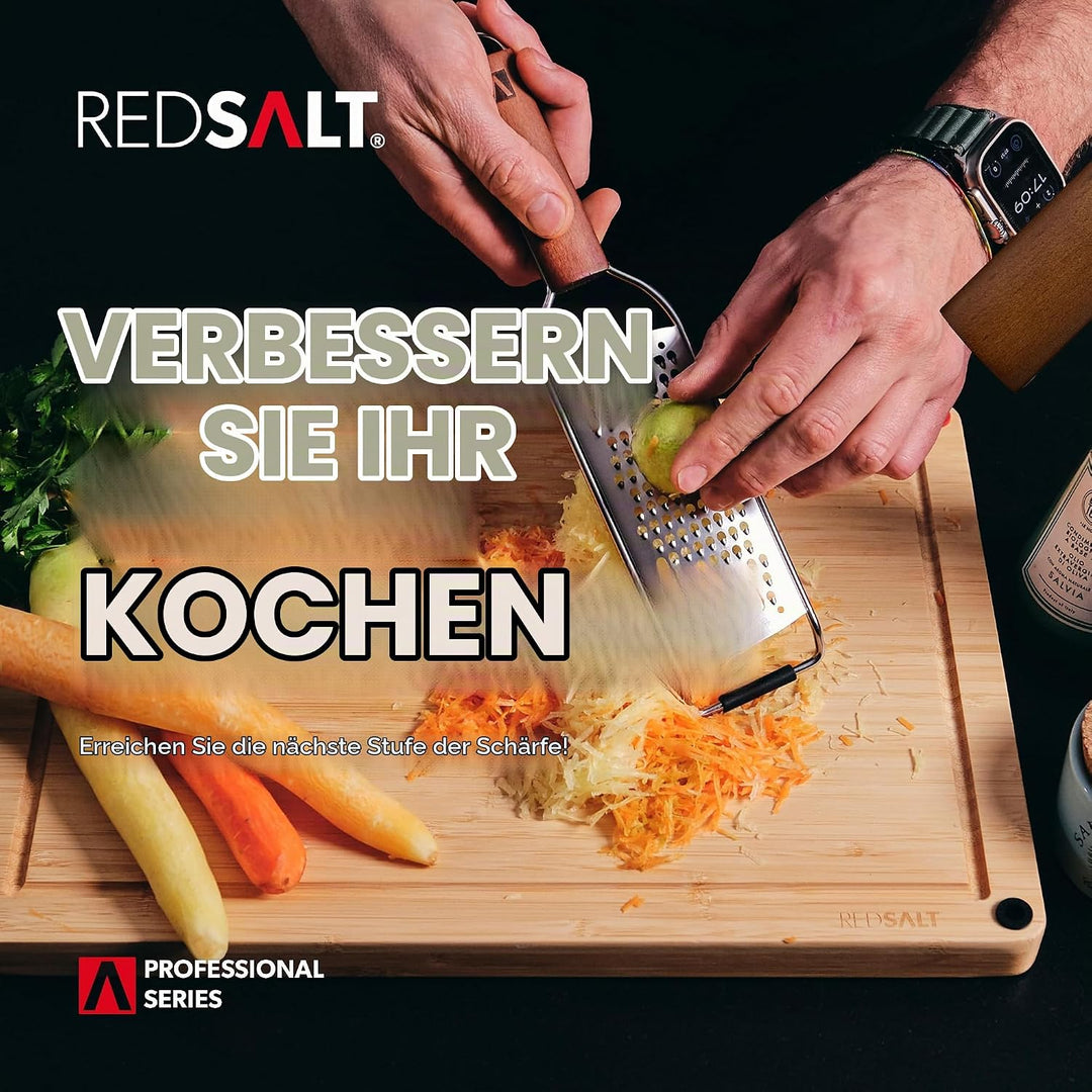 REDSALT® Premium Parmesanreibe mit Holzgriff | rasiermesserscharfe Profi Julienne Edelstahl Reibe fü
