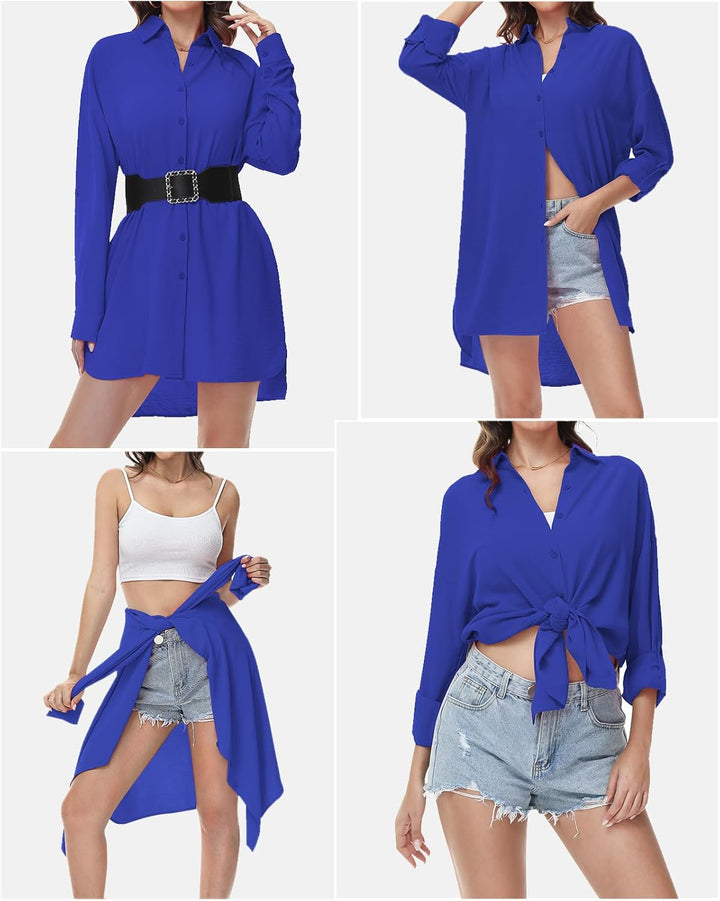 Damen Bluse V-Ausschnitt Hemdbluse Langarm Lässiges Hemd zum Knöpfen Langarmshirt Casual Oberteile A