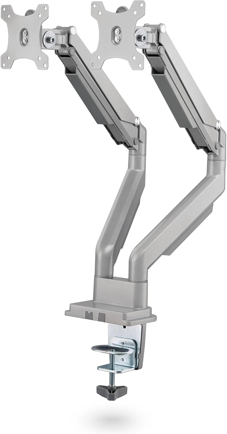 Ergolutions® Dual Gasdruck Monitorarm Silber - Höhenverstellbar, für 2 Monitore bis 32", VESA 75x75/
