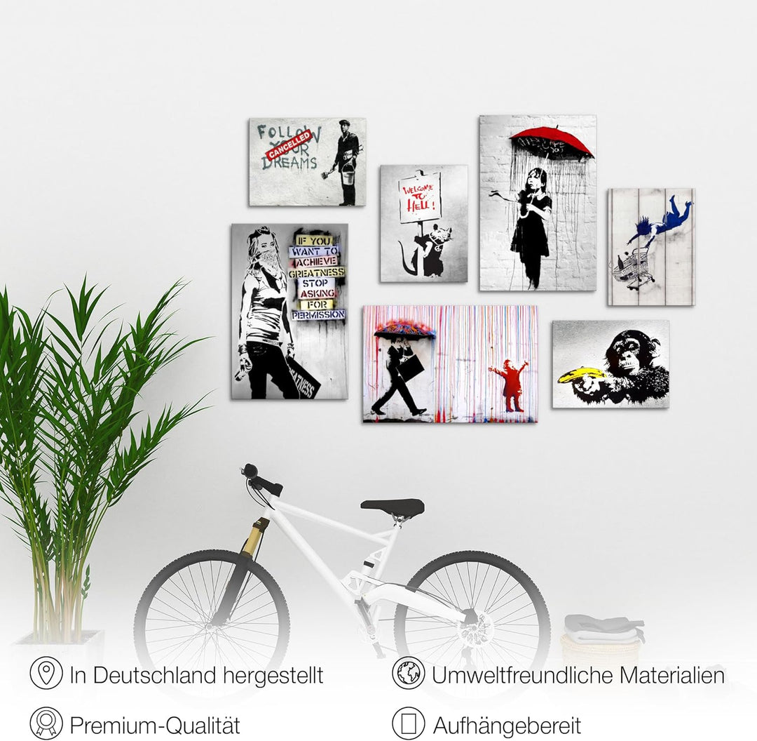 Novart Wandbilder Banksy Collage - KOMPLETT AUFHÄNGFERTIG - Street Art Wohnzimmer Büro Loft - 7 Mode