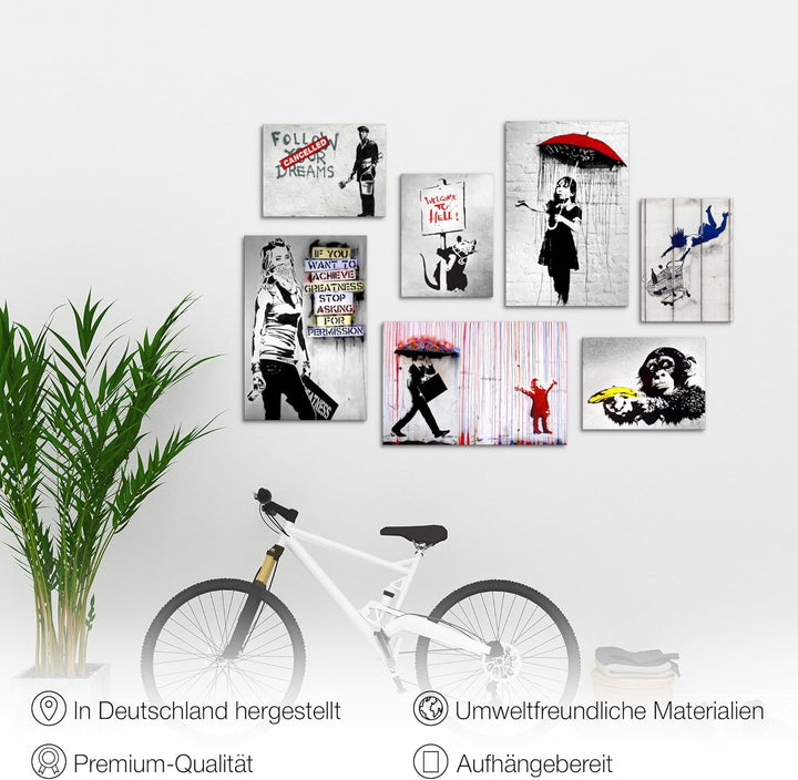 Novart Wandbilder Banksy Collage - KOMPLETT AUFHÄNGFERTIG - Street Art Wohnzimmer Büro Loft - 7 Mode