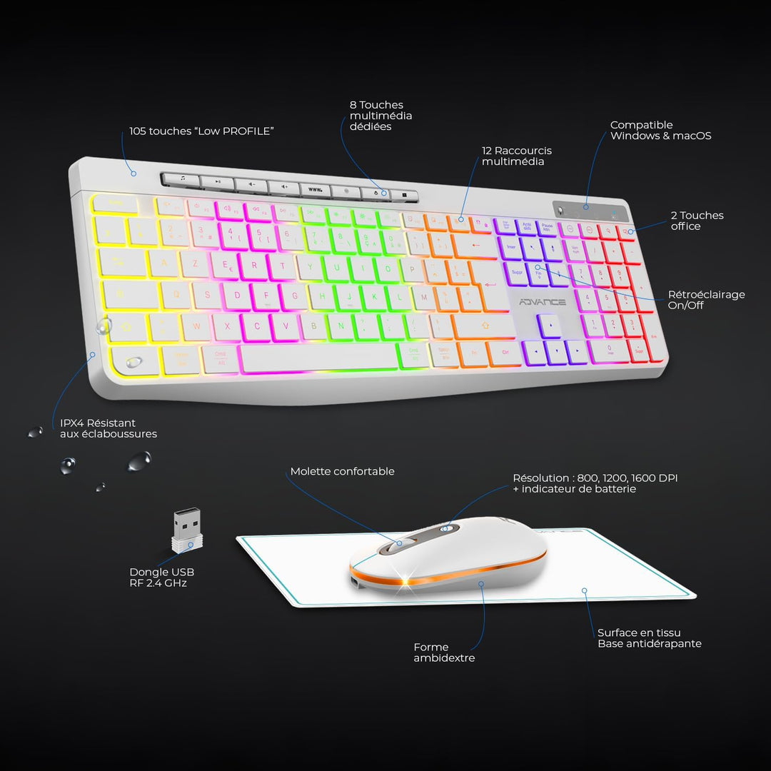 AD Advance - R Type, Set aus kabelloser Maus-Tastatur, leise, rutschfeste Matte, RGB-Hintergrundbele