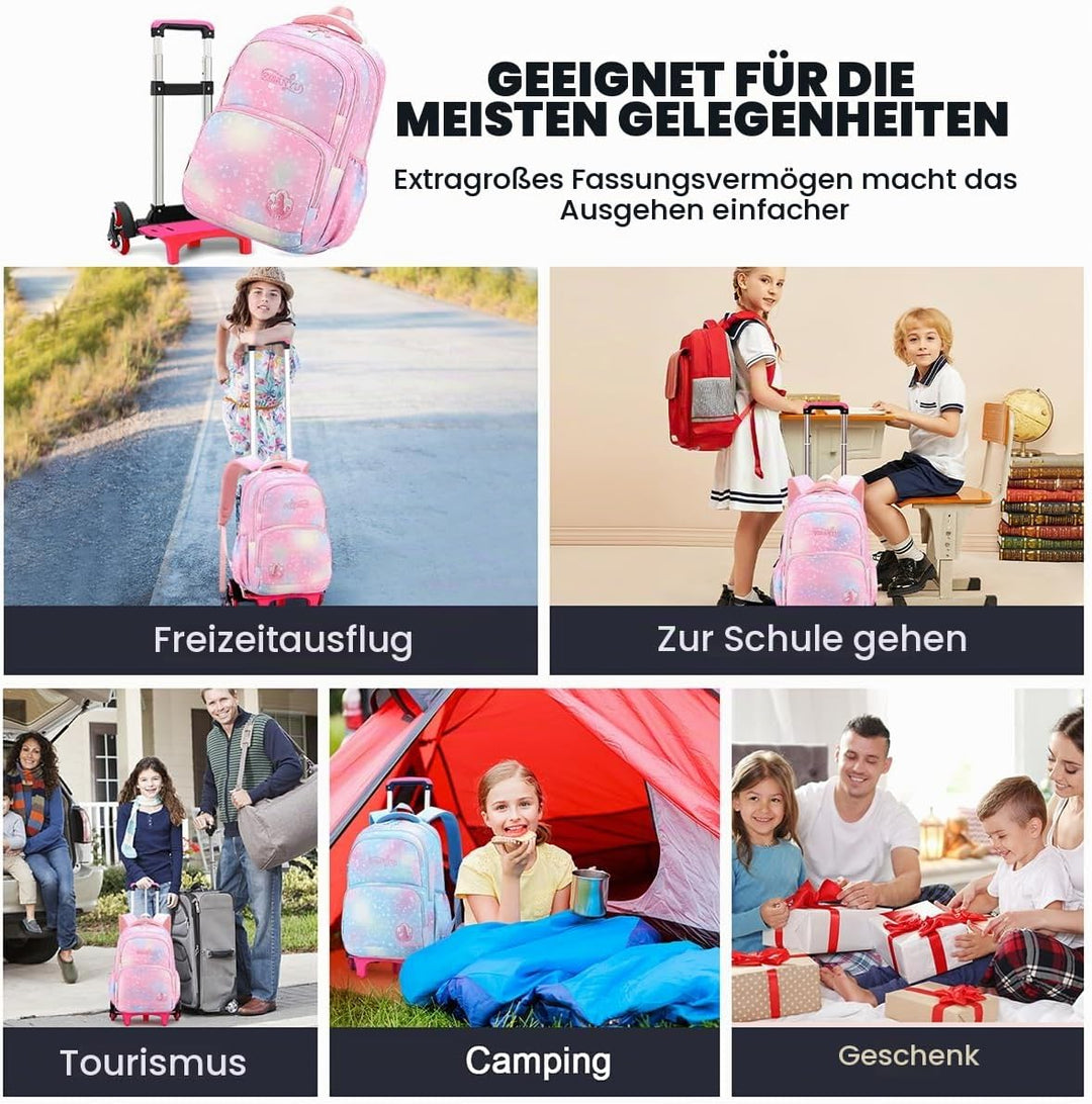 3PCS Schulrucksack Rollen Mädchen Trolley Rucksack mit Rollen Mädchen Teenager Schultasche Grundschu