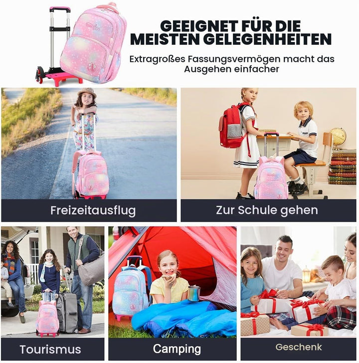 3PCS Schulrucksack Rollen Mädchen Trolley Rucksack mit Rollen Mädchen Teenager Schultasche Grundschu