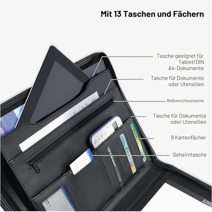 DESQ® A4-Schreibmappe mit 24 mm Ringmechanik | Versenkbare Tragegriffe | Umlaufender Reissverschluss