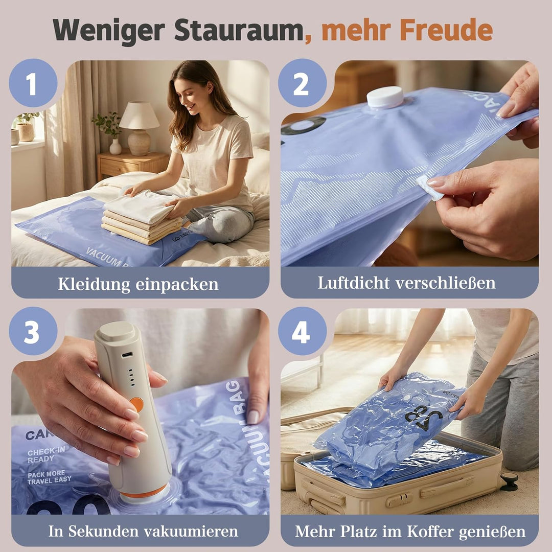 Vakuumbeutel für Kleidung mit Kabelloser Vakuumpumpe in Orange, 12 Stück Wiederverwendbare Vakuumier
