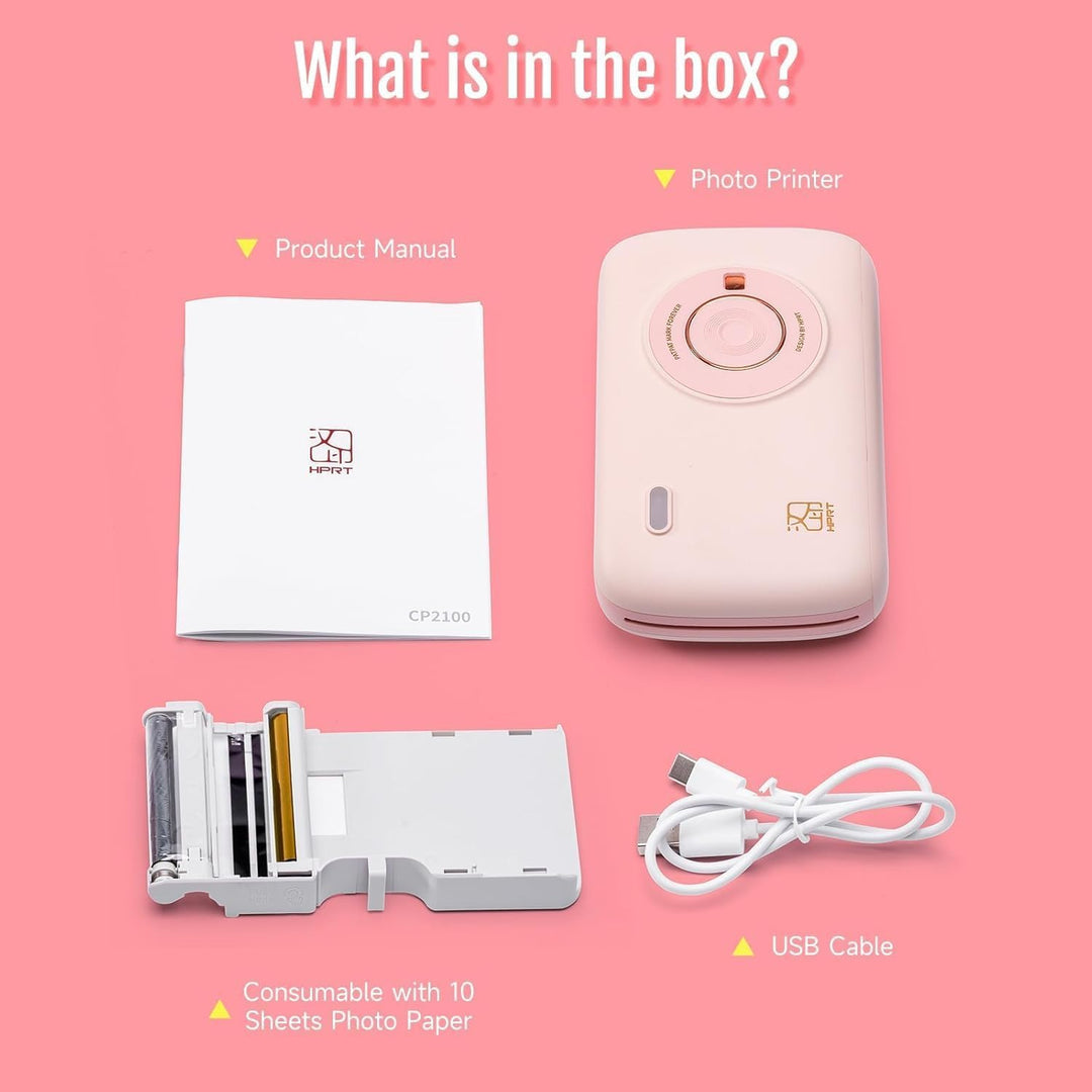 HPRT CP2100 Tragbarer Mini-Drucker, Thermosublimations-Fotodrucker mit 10 Blatt Fotopapier, Pinker M