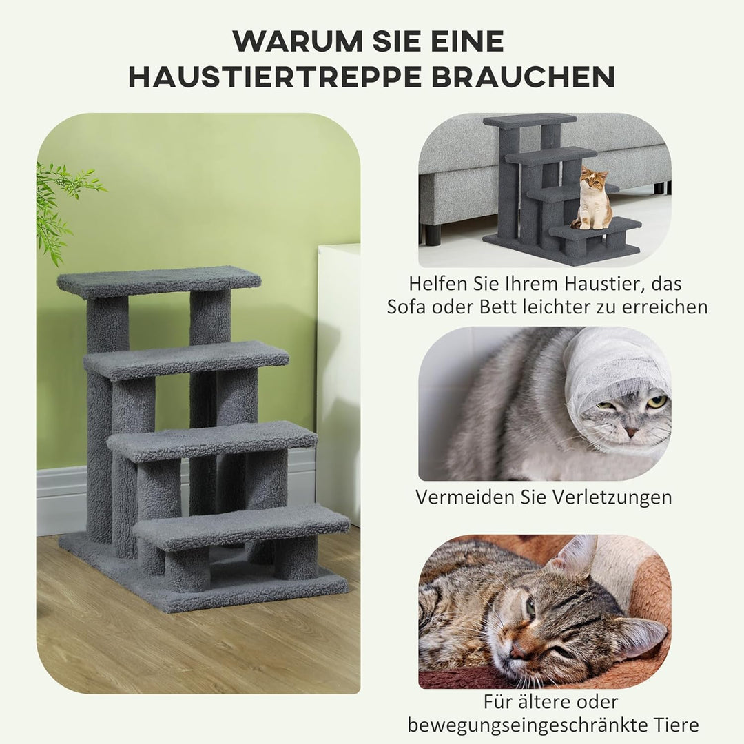 PawHut Tiertreppe Katzentreppe Hundetreppe Treppe für Katze und Hunde 4 Stufen Grau 63,5x43x60cm, Gr