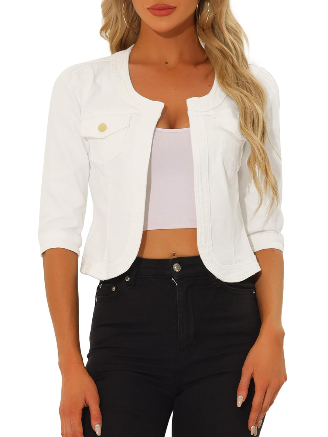Allegra K Damen Jeansjacke 3/4 Ärmel Open Front Kragenlos Jacke mit Taschen S Weiss, S Weiss