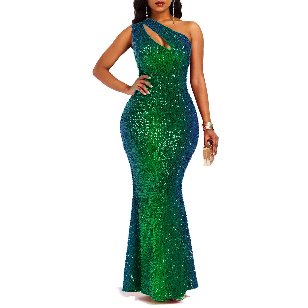 VERWIN Pailletten-Maxikleid für Damen, ärmellos, schräger Kragen, figurbetontes Kleid, Partykleid L