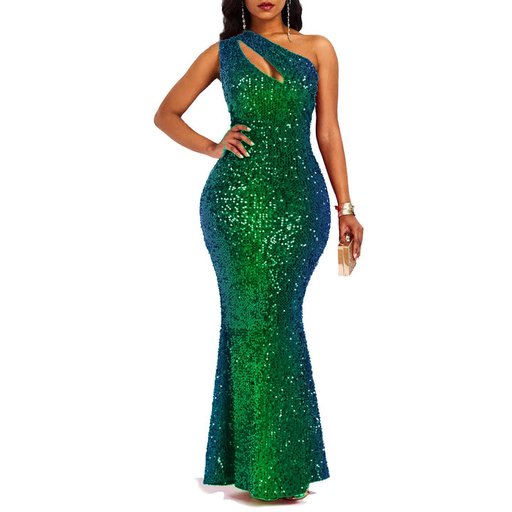 VERWIN Pailletten-Maxikleid für Damen, ärmellos, schräger Kragen, figurbetontes Kleid, Partykleid L