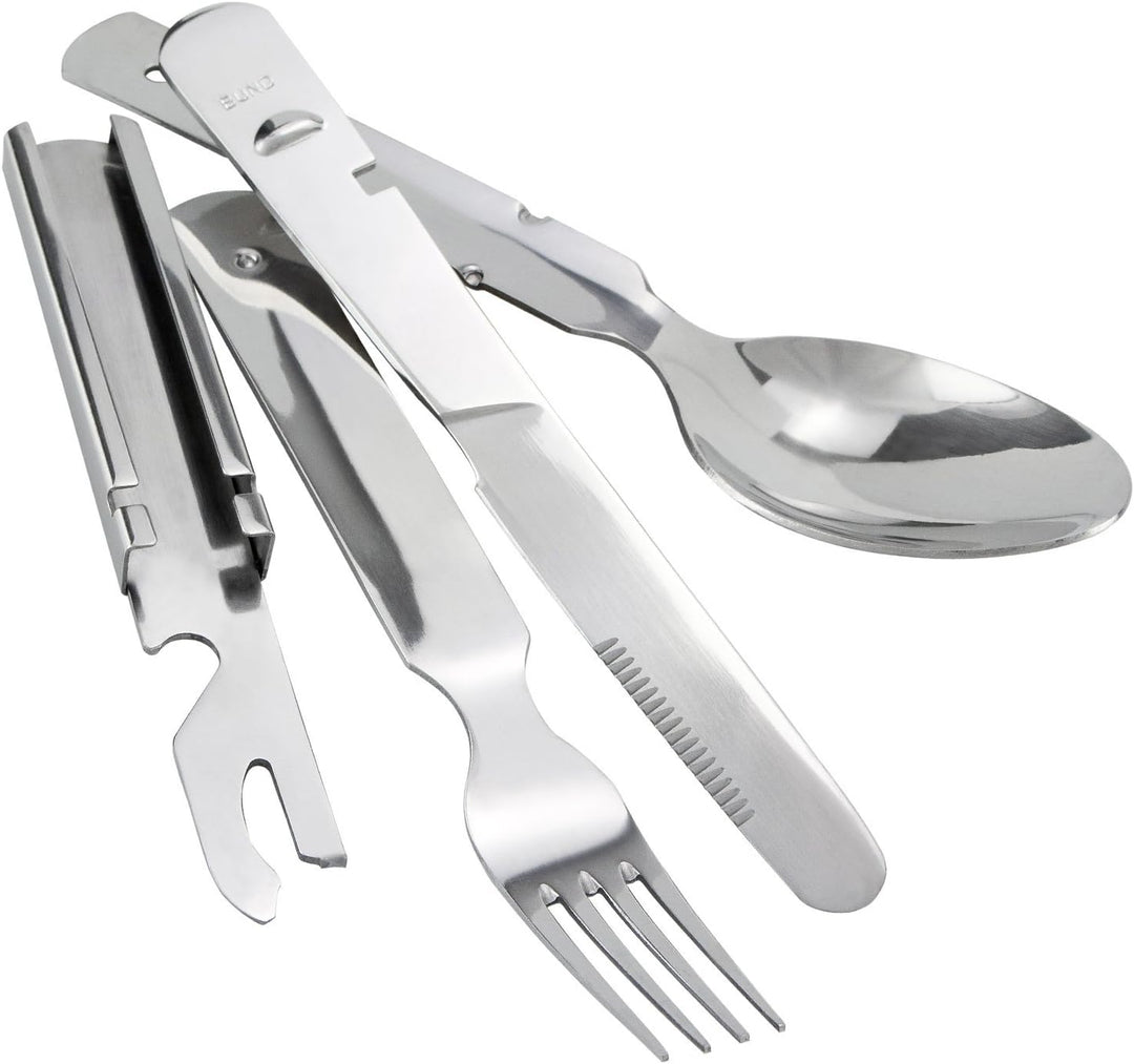 Camping Geschirrset aus Edelstahl - Teller, Tasse & Besteck - robust & wiederverwendbar für Outdoor,