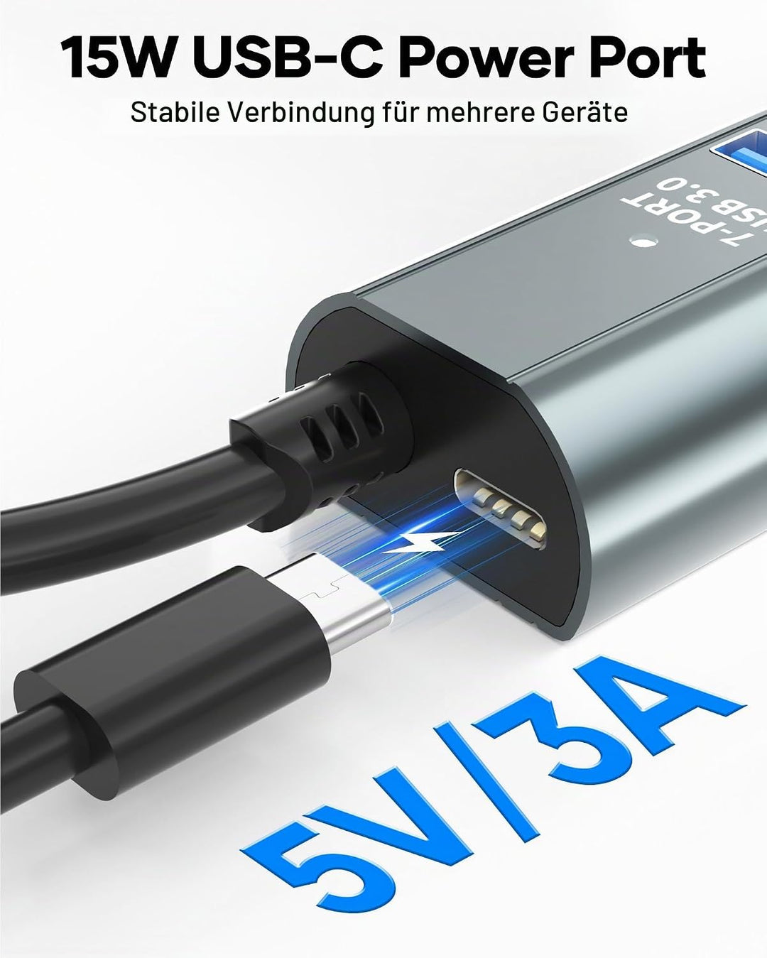 7-Port USB 3.0 Hub Verteiler mit 120cm Kabel für Desktop, 5Gbps USB Mehrfachstecker Splitter mit 5V