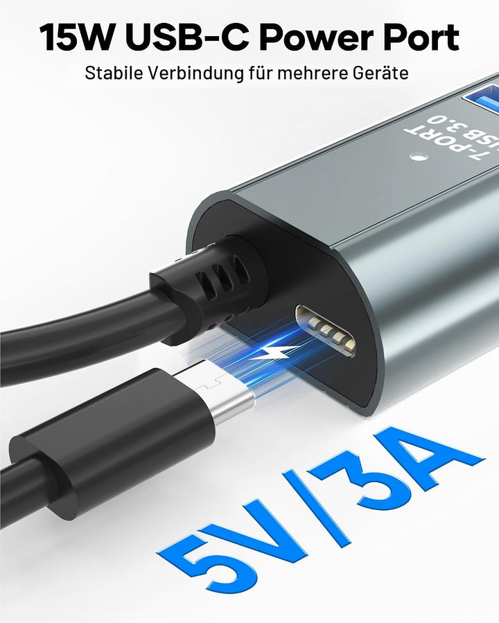 7-Port USB 3.0 Hub Verteiler mit 120cm Kabel für Desktop, 5Gbps USB Mehrfachstecker Splitter mit 5V