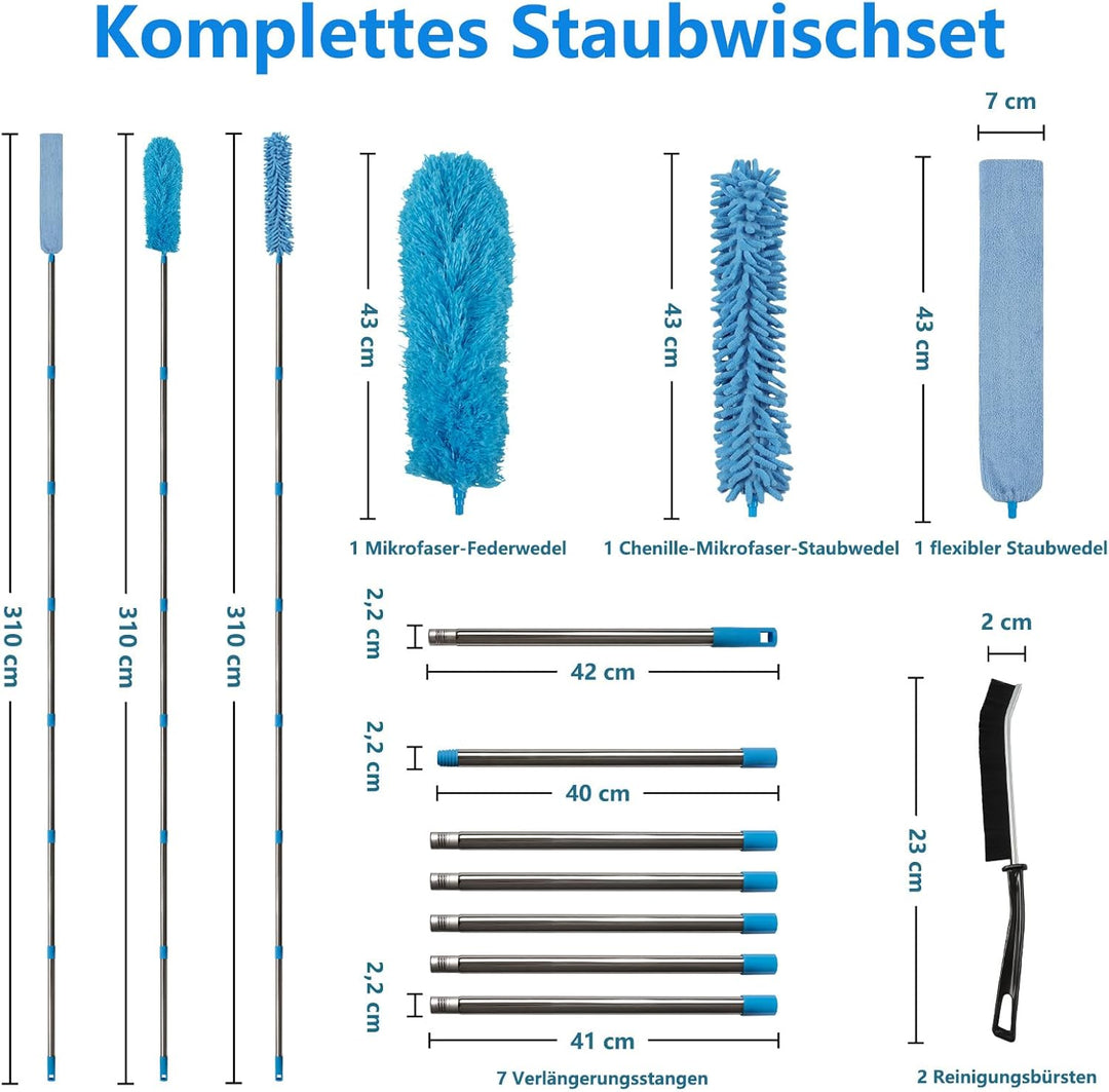 Terafeels 310 cm 5 Stück Staubwedel Lang Teleskop Waschbar, mit 1 Biegbare Eckbesen und 1 Chenille S