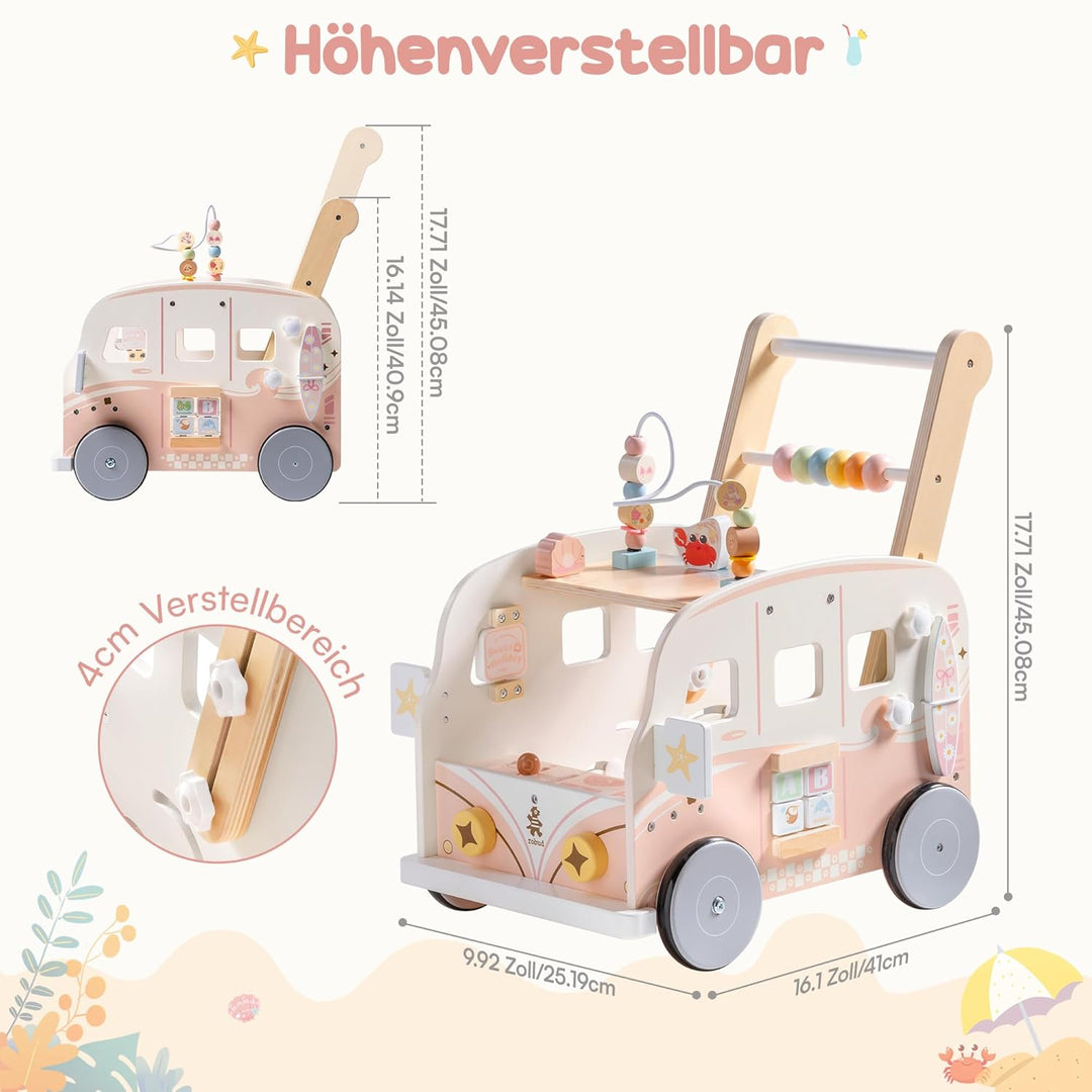 ROBUD Baby Lauflernhilfe Holz, Interaktiver Lauflernwagen, Einstellbare Geschwindigkeit & Höhe Baby