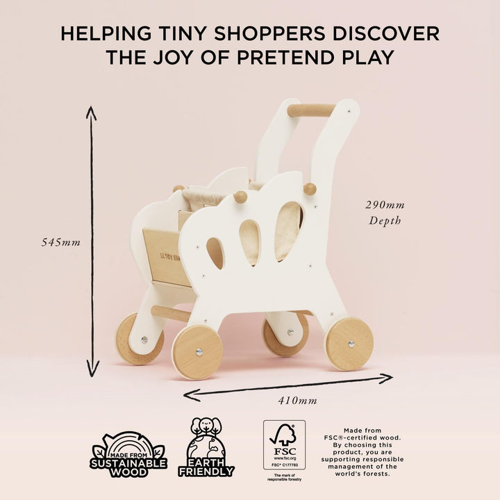 Le Toy Van – Honeybake Einkaufswagen aus Holz mit abnehmbarer Tasche | Supermarkt-Rollenspiel Lebens