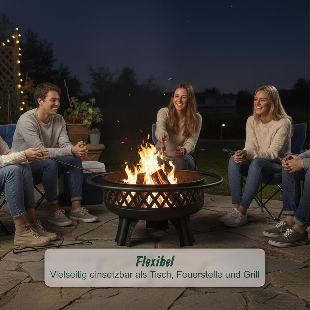 Relaxdays Feuerschale, Ø 80,5 cm, Verstellbarer Grillrost, Deckel &amp; Schürhaken, Feuerstelle Garten,