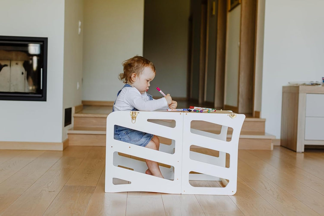 Weco Kinder-Lernturm 3 in 1 Streifendesign mit Rutsche Schreibtisch Rutsche Montessori Möbel Küchenh