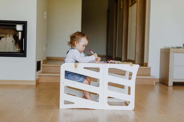 Weco Kinder-Lernturm 3 in 1 Streifendesign mit Rutsche Schreibtisch Rutsche Montessori Möbel Küchenh
