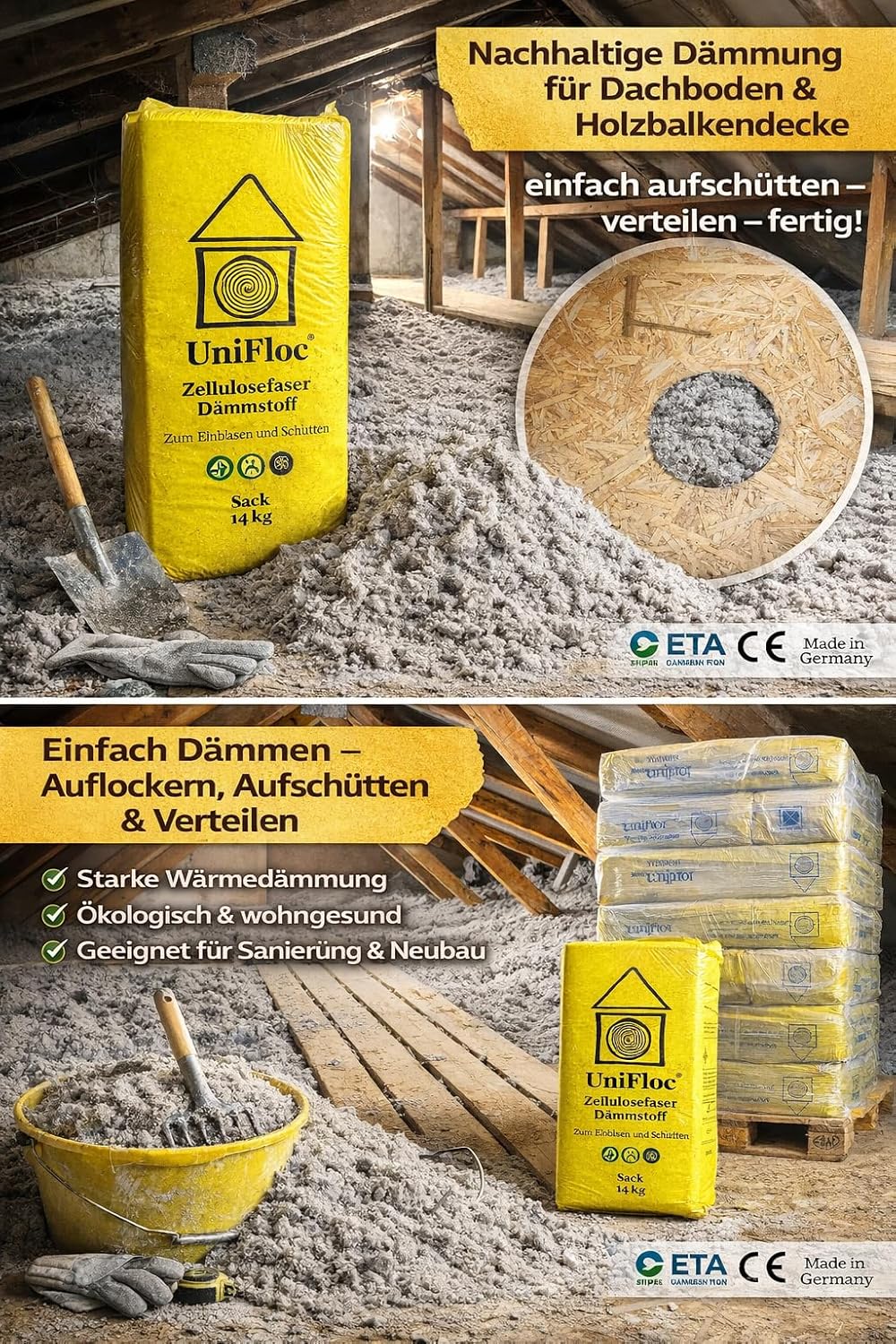 UNIFLOC® Zellulosedämmstoff 2 Paletten 42 Sack 592 kg – Fussbodenschüttung aus Zellulose – Einfache
