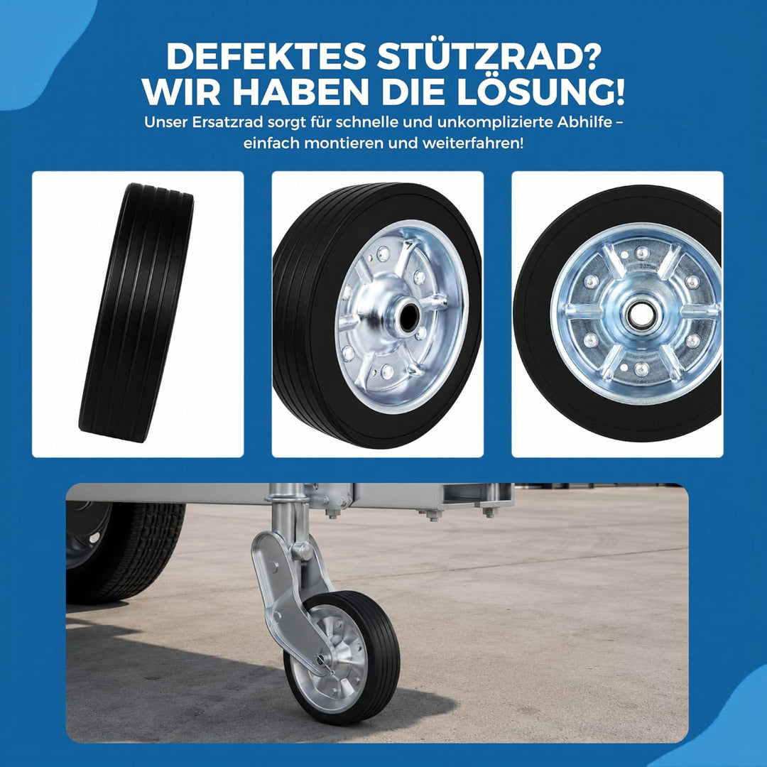 Ersatzrad für Automatik-Stützrad bis 500 kg – 225x65 mm Vollgummireifen auf Stahlfelge – pannensiche