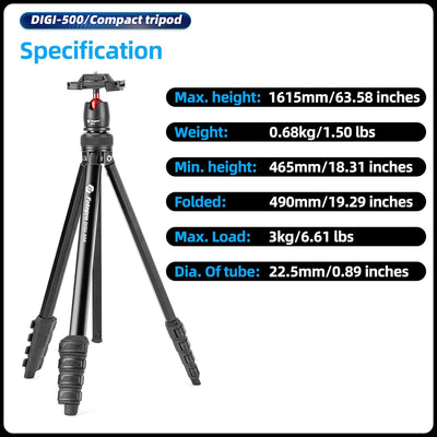 Fotopro 162 cm Kamerastativ, 2-in-1 kompaktes Handy-Stativ mit verstecktem Kaltschuh-Handyclip, trag