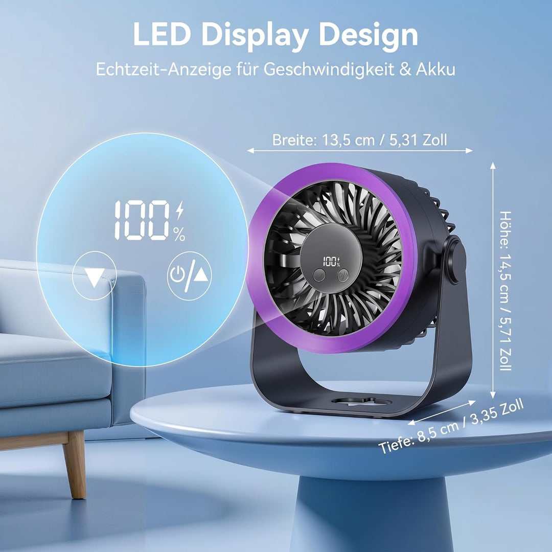 SHINER USB Ventilator Klein Leise, Akku Tischventilator mit 100 Stufen & Kraftvoller Luftstrom, Digi
