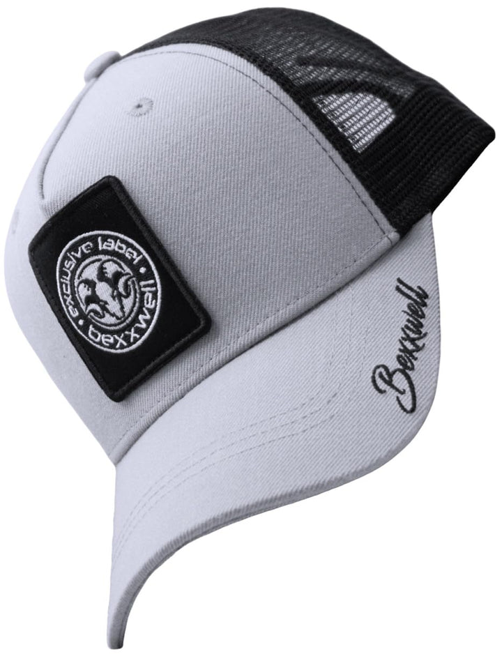 Bexxwell Trucker Cap hellgrau/schwarz mit Logo-Patch (optimale Passform, Kappe, grau, Black, Trucker
