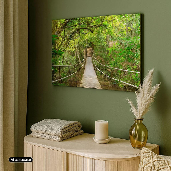 Bilder auf Leinwand 100x70cm Leinwandbild Fussgängerbrücke Wald Abenteuer Gross Wanddeko Bild Schlaf