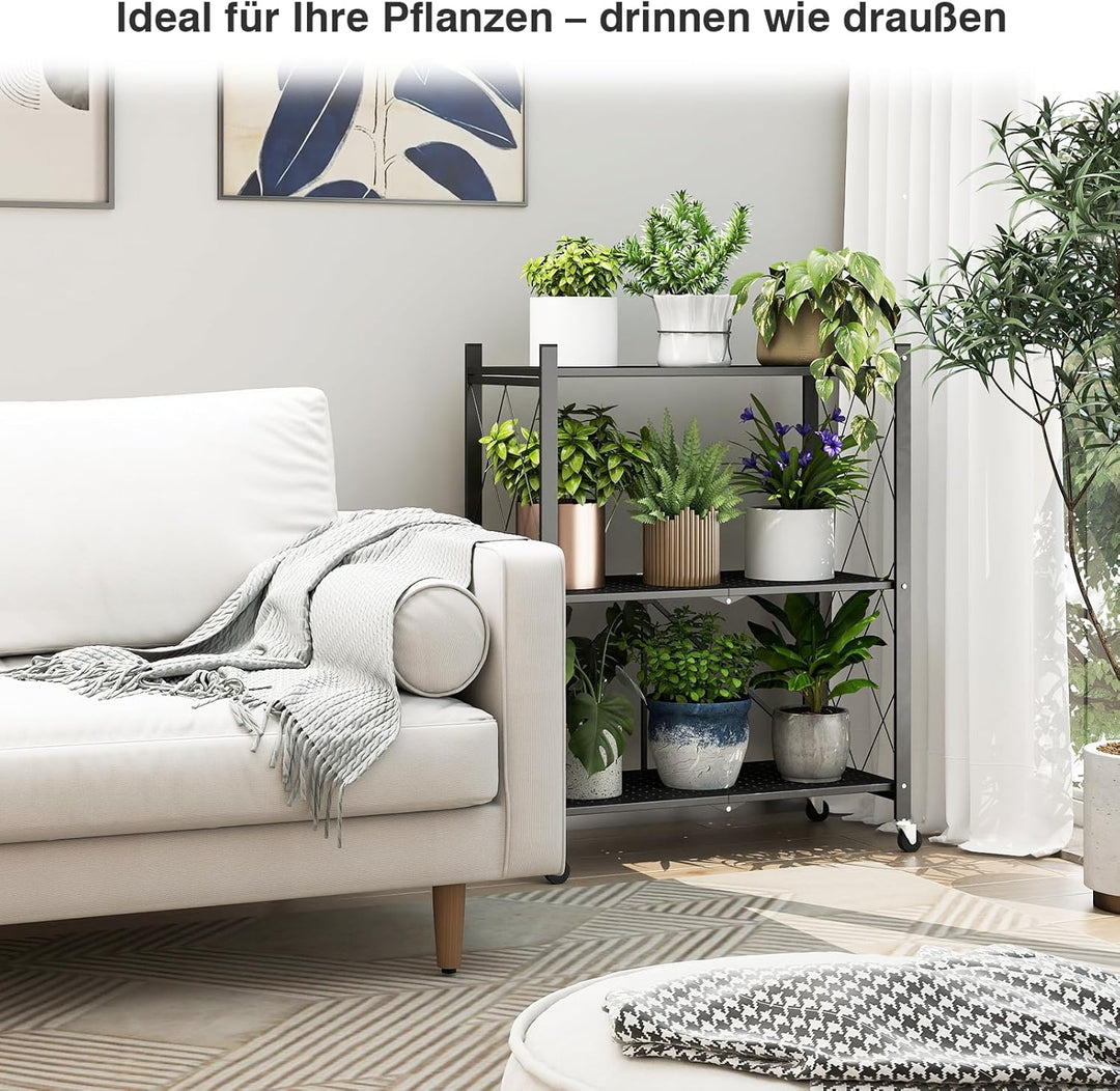 ALANNG Blumenständer mit Rädern, 3 Ablagen Stabiler Pflanzenständer, Metall Pflanzenregal Indoor Ein