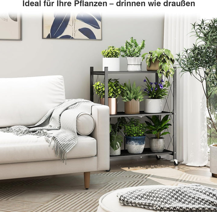 ALANNG Blumenständer mit Rädern, 3 Ablagen Stabiler Pflanzenständer, Metall Pflanzenregal Indoor Ein