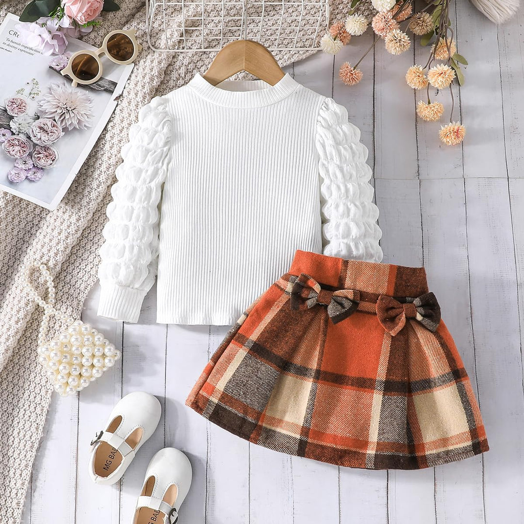 Eqenkely Kleinkind Mädchen Kleidung Puffärmel Langarm Gerippte Oberteile + Bowknot Plaid Mini Rock 2