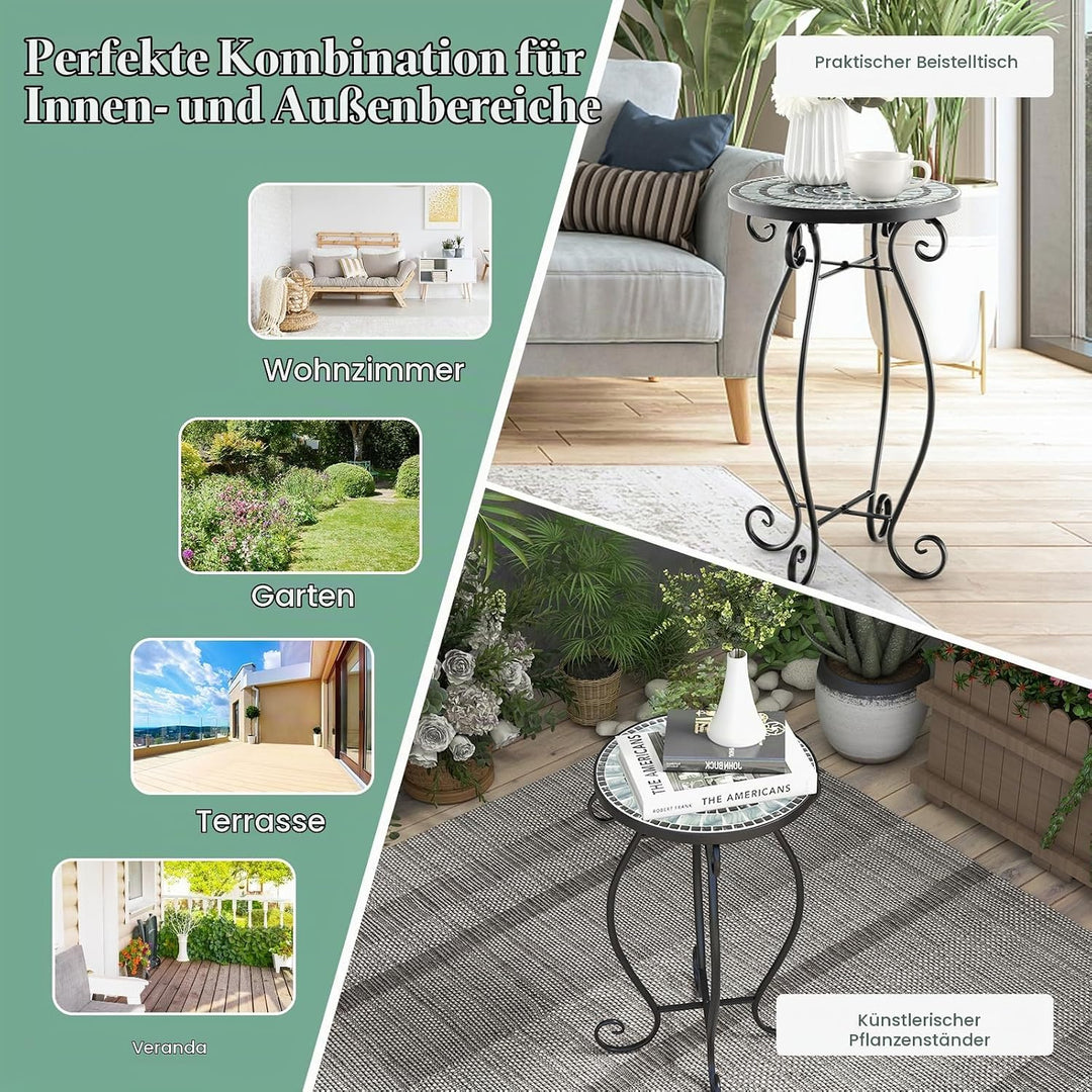 HOMASIS Gartentisch Beistelltisch mit Mosaik-Muster, Pflanzenständer mit runder Tischplatte aus Meta