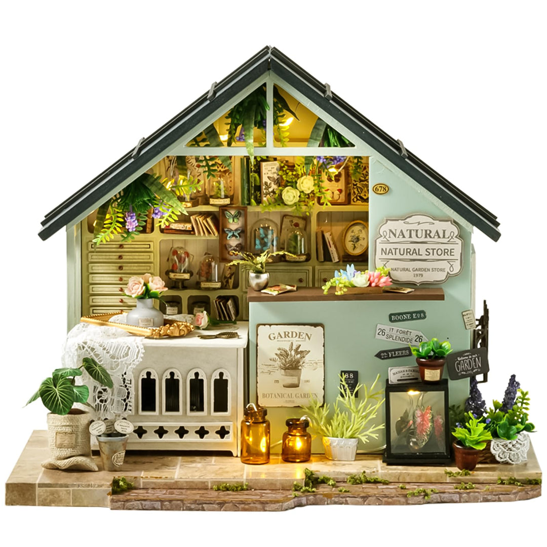 Spilay DIY Miniature House, Mini Handgefertigte Grünes Pflanzenstudio Kit Mit LED-Licht, Schutzhülle