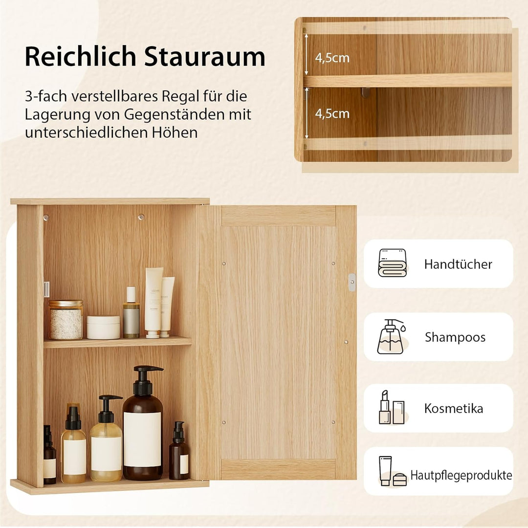 COSTWAY Bad Spiegelschrank, Hängeschrank mit Spiegeltür & Verstellbarer Ablage, Wandschrank Holz, Ba