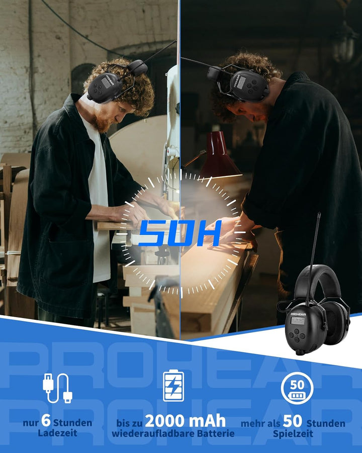 PROHEAR 033 Gehörschutz mit Radio, SNR31dB - Ohrenschützer mit Bluetooth FM/AM, Eingebautem Mikrofon