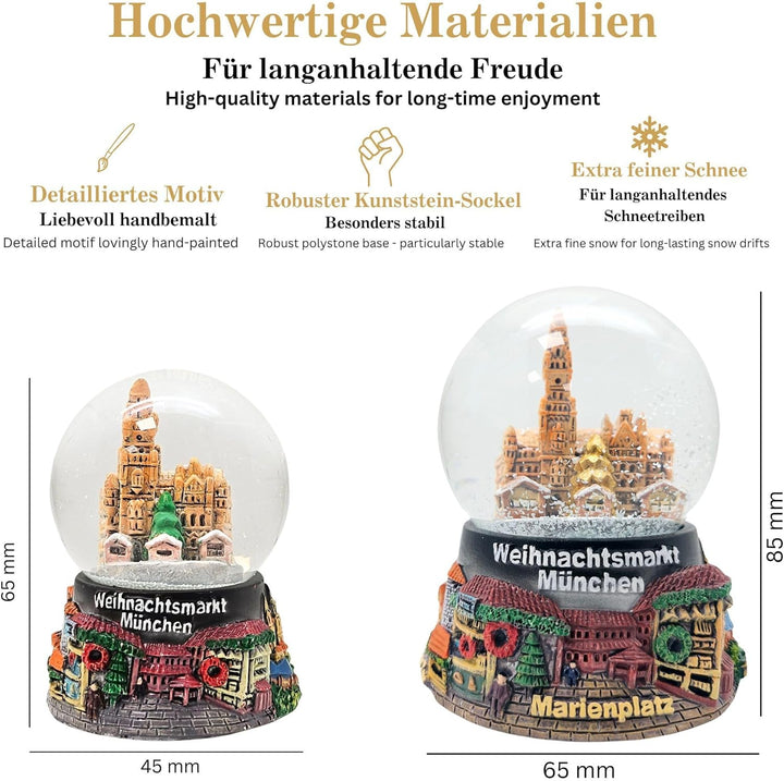 2er Set süsse Souvenir-Schneekugeln Weihnachtsmarkt München in 2 Grössen | Christkindlmarkt | Durchm