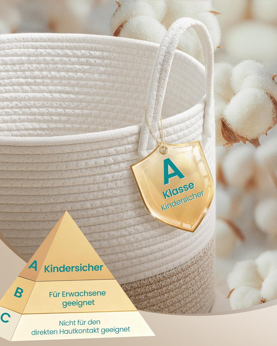 SONGMICS Wäschekorb, Wäschesammler für Kinder, Aufbewahrungskorb, Baumwollseil, mit Henkel, für Deck