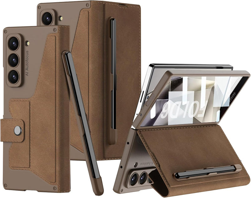 NINKI für Samsung Galaxy Fold 6 Wallet Case mit Displayschutz,Scharnierschutz 2 Kartensteckplätze Sc