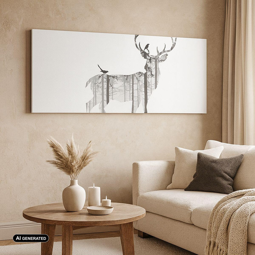 Panorama Bilder auf Leinwand 100x40cm Leinwandbild Hirsch Herbst Wald Illustration Gross Wanddeko Bi