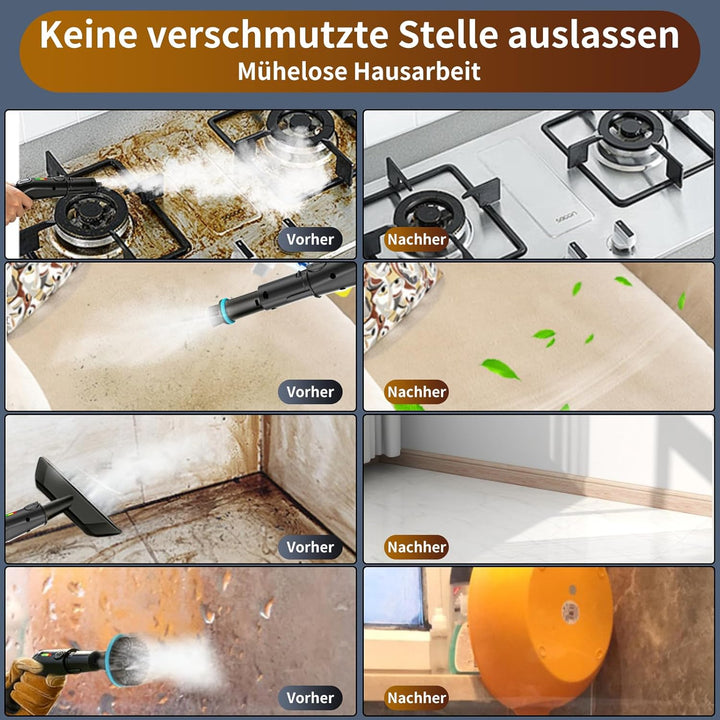 Dampfreiniger Handgerät, 2500W Handdampfreiniger mit Stufengriff, 8 Düsen, 1,8L Tank, 3 Dampfstufen,