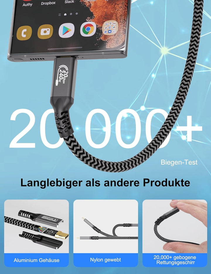 CAKOBLE usb c kabel 3m,[2 Stück ] usb 3.2 kabel,20 Gbps,PD 3.1 240W Schnellladekabel,4K@144Hz Video