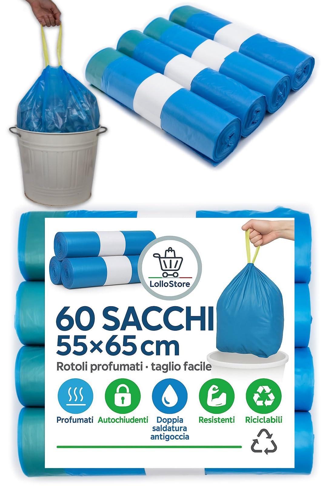 60 Müllbeutel, 55 x 65 cm, blau, Talkumduft, 40 Liter, geruchshemmend, mit Zieh- und Schliessgriffen