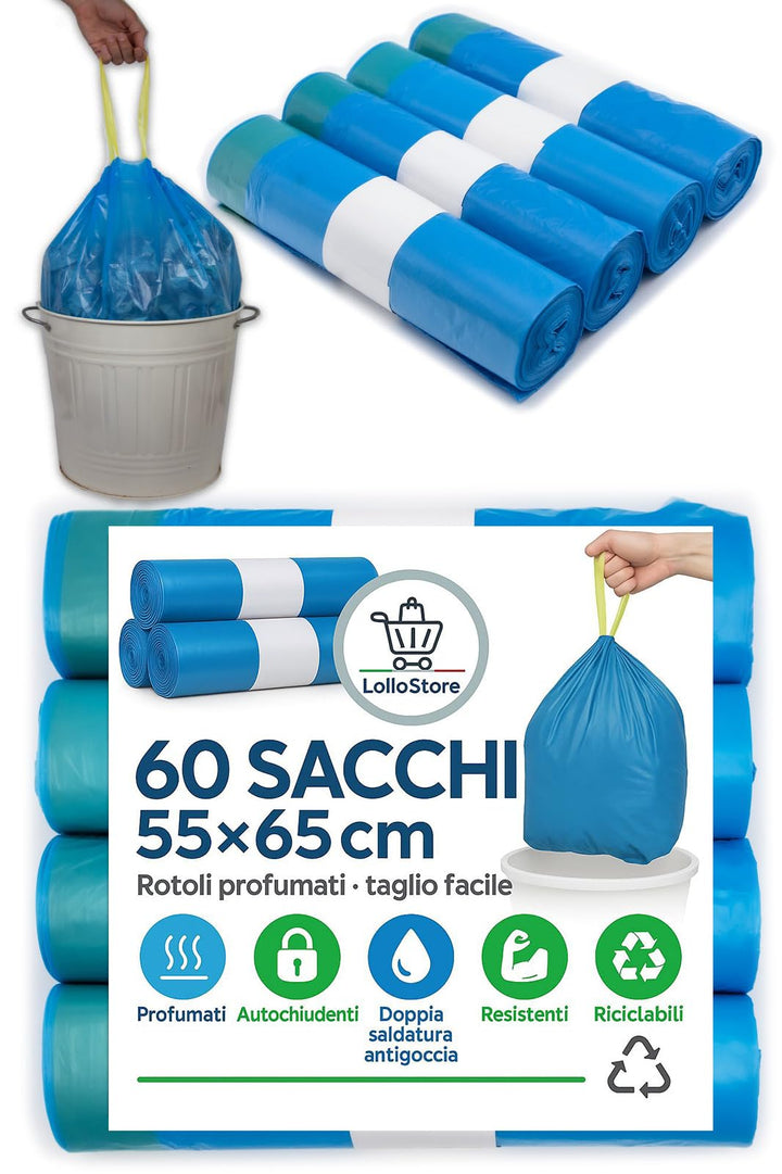 60 Müllbeutel, 55 x 65 cm, blau, Talkumduft, 40 Liter, geruchshemmend, mit Zieh- und Schliessgriffen